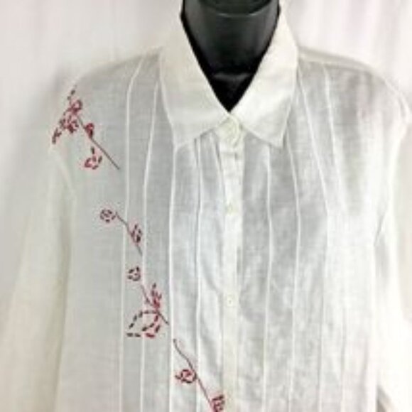 DANA BUCHMAN White Long Sleeve Button Blouse Red Embroidery XL NWOT Shel-fpull - Picture 2 of 9
